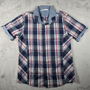 Renuar Plaid Button Down Mens XL Navy Blue Red White‎ Short Sleeve Casual Shirt